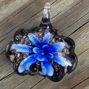 Lamp work Blue pressed flower. Glass